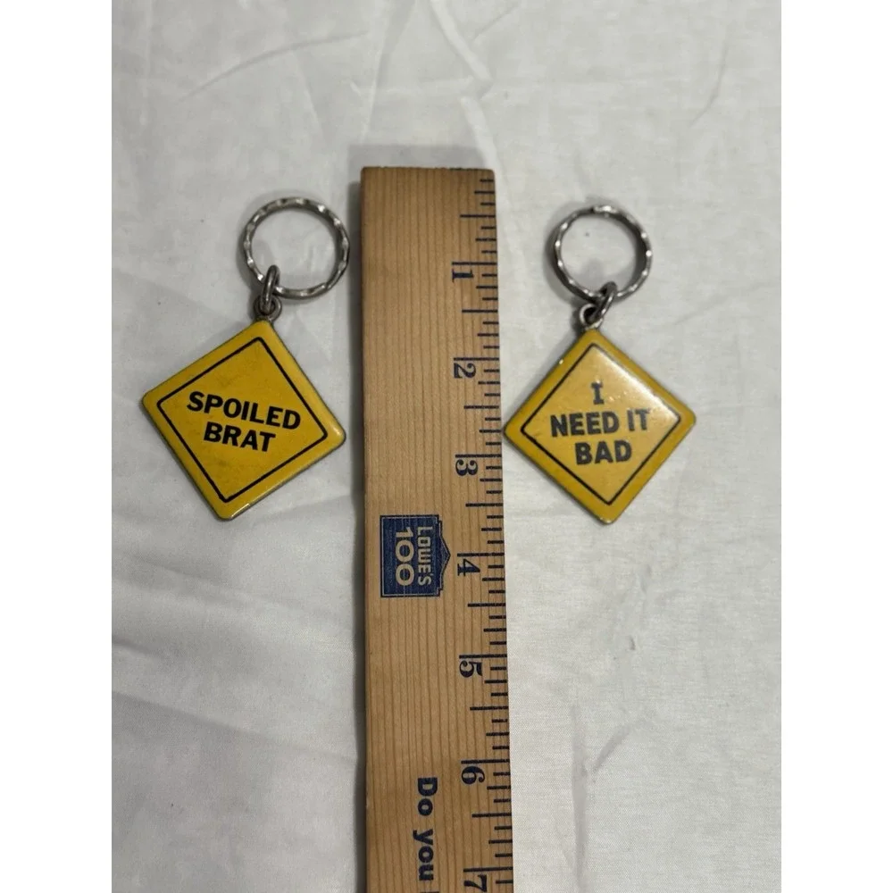 VINTAGE METAL KEY‎ CHAIN Lot Of 2  YELLOW ROAD SIGN CAUTION
